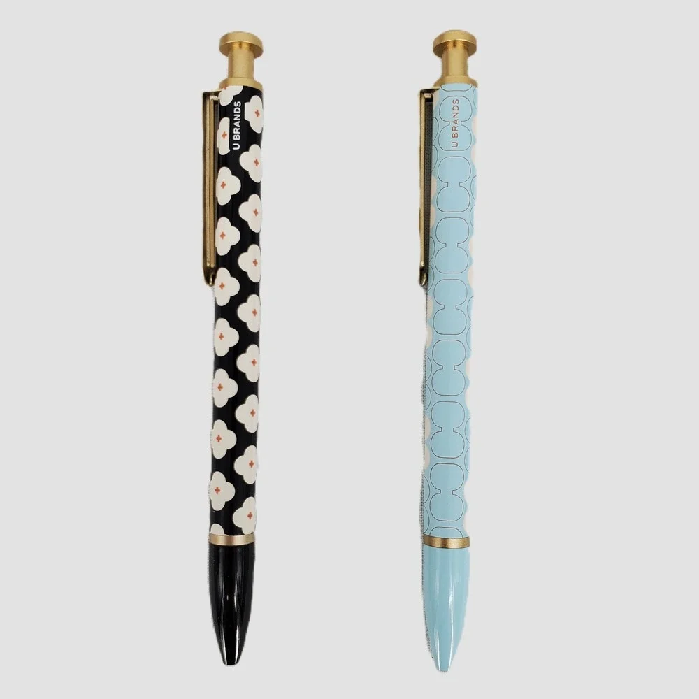 U Brands The Monterey Ballpoint Pens 2 Pack Metal Body 1mm Black Ink Floral Blue